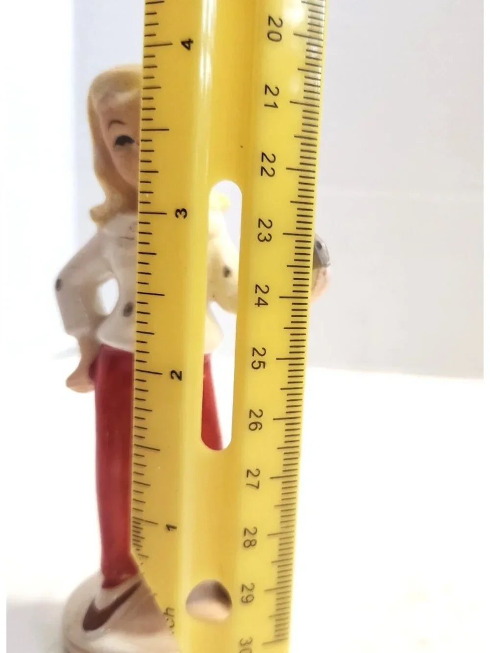 Vintage Small Ceramic Figurine Of Woman Red Pants & White Blouse with Radio READ